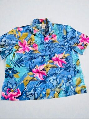 Vintage Tropical Floral Button Up Blouse Resort Vacation Shirt